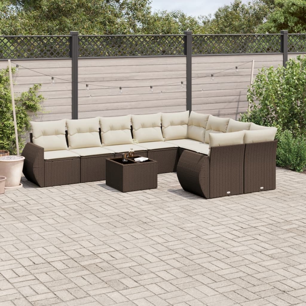 10-tlg. Garten-Sofagarnitur mit Kissen Braun Poly Rattan