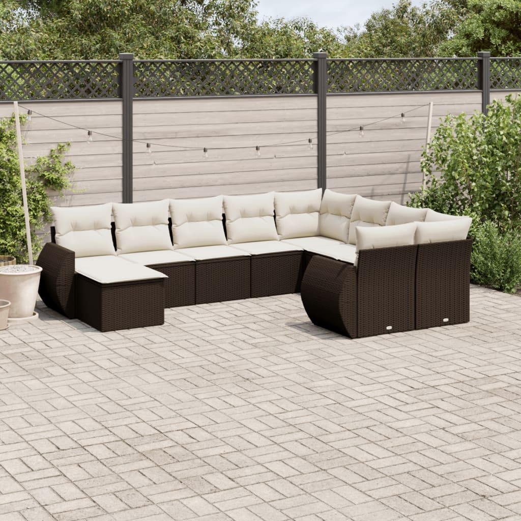 10-tlg. Garten-Sofagarnitur mit Kissen Braun Poly Rattan