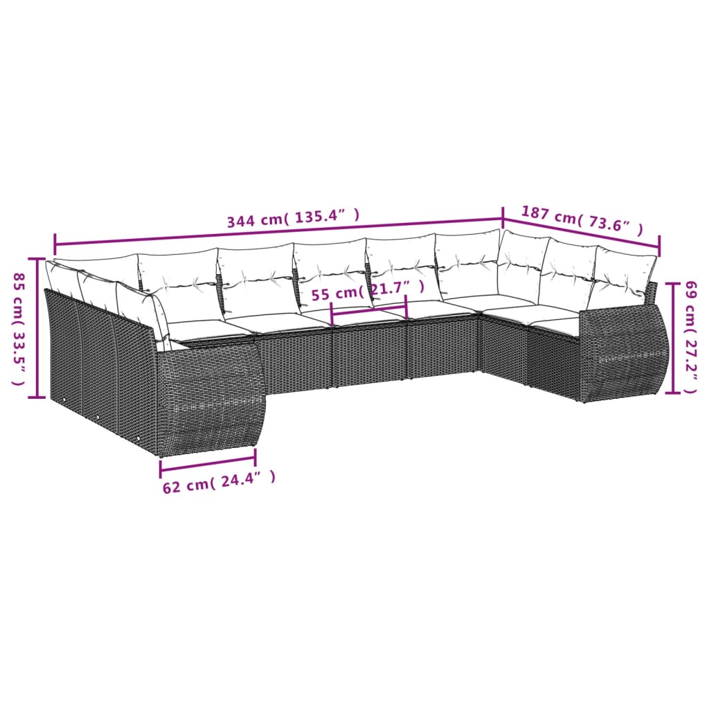 11-tlg. Garten-Sofagarnitur mit Kissen Grau Poly Rattan