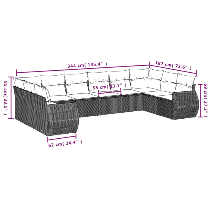 11-tlg. Garten-Sofagarnitur mit Kissen Braun Poly Rattan