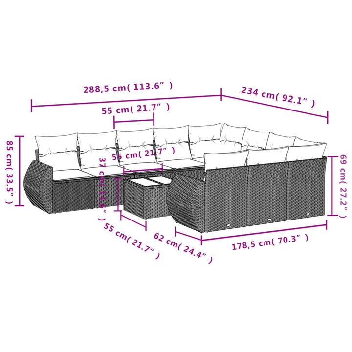 11-tlg. Garten-Sofagarnitur mit Kissen Grau Poly Rattan