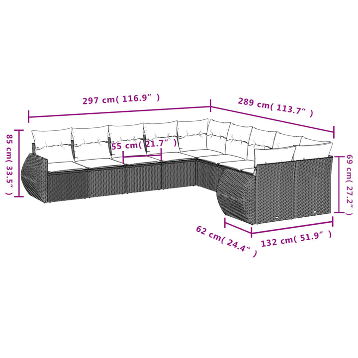 10-tlg. Garten-Sofagarnitur mit Kissen Schwarz Poly Rattan