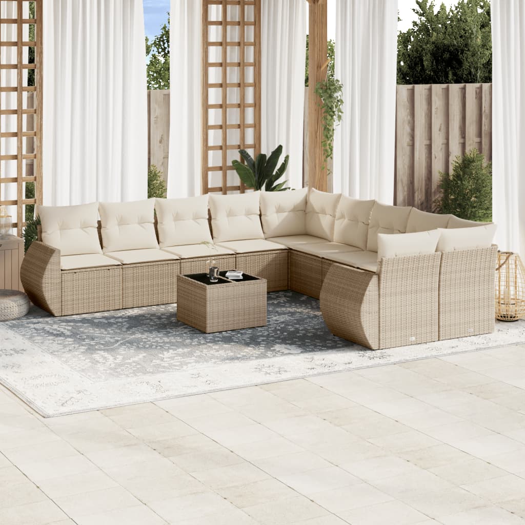 11-tlg. Garten-Sofagarnitur mit Kissen Beige Poly Rattan