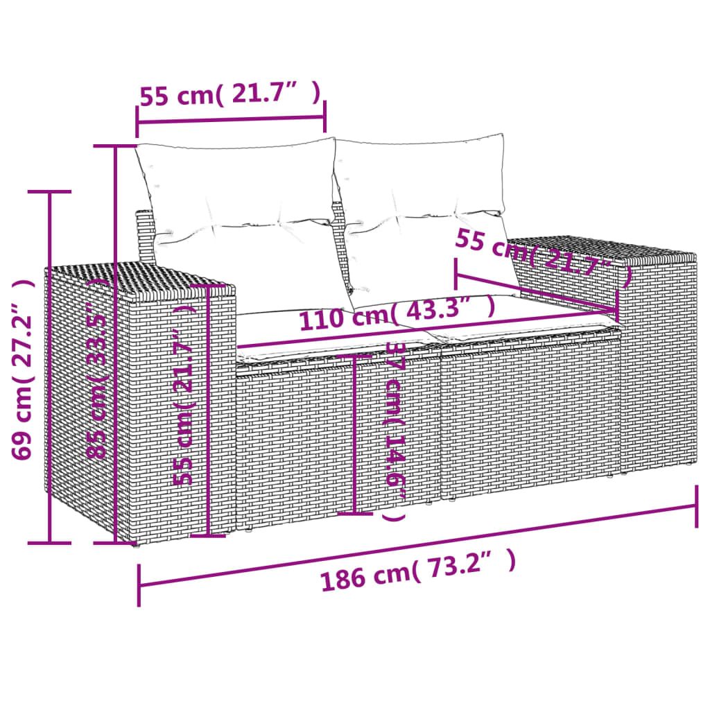 3-tlg. Garten-Sofagarnitur mit Kissen Schwarz Poly Rattan