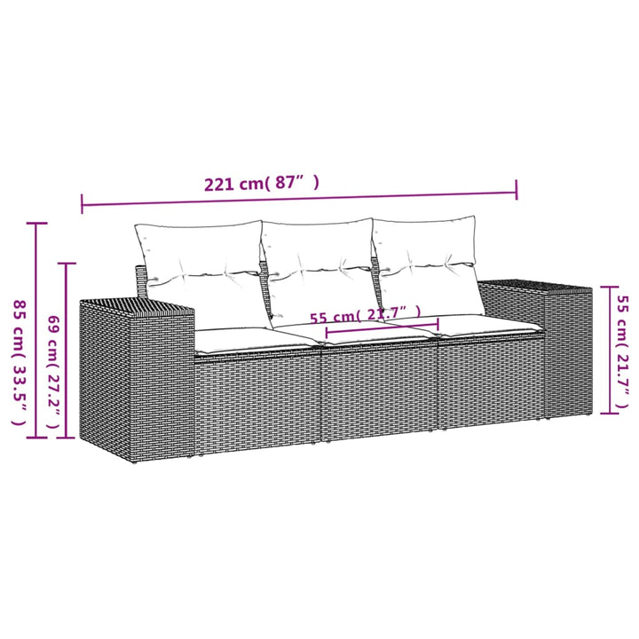 3-tlg. Garten-Sofagarnitur mit Kissen Braun Poly Rattan