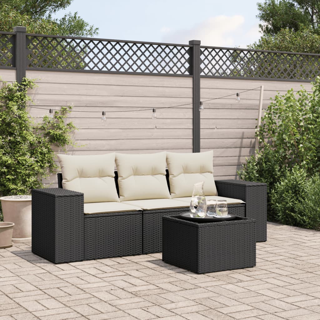 4-tlg. Garten-Sofagarnitur mit Kissen Schwarz Poly Rattan