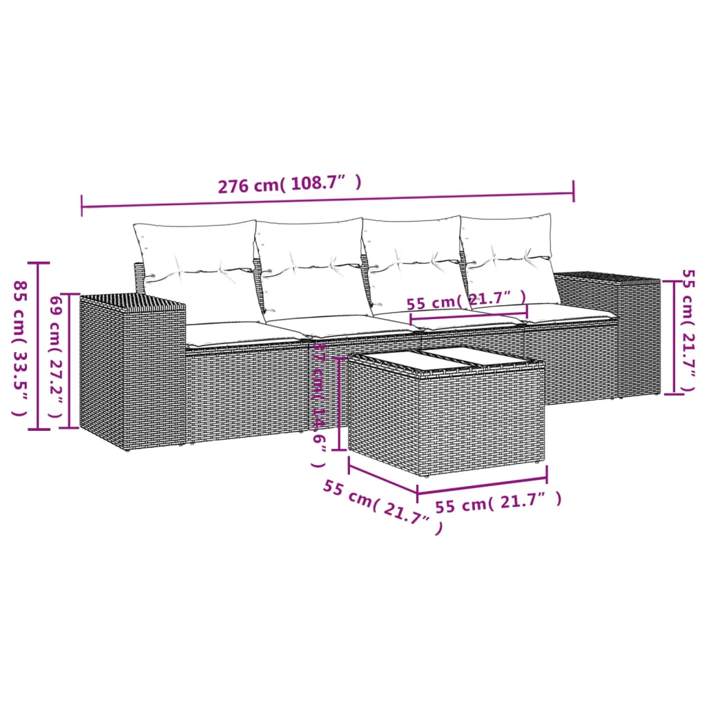 5-tlg. Garten-Sofagarnitur mit Kissen Braun Poly Rattan