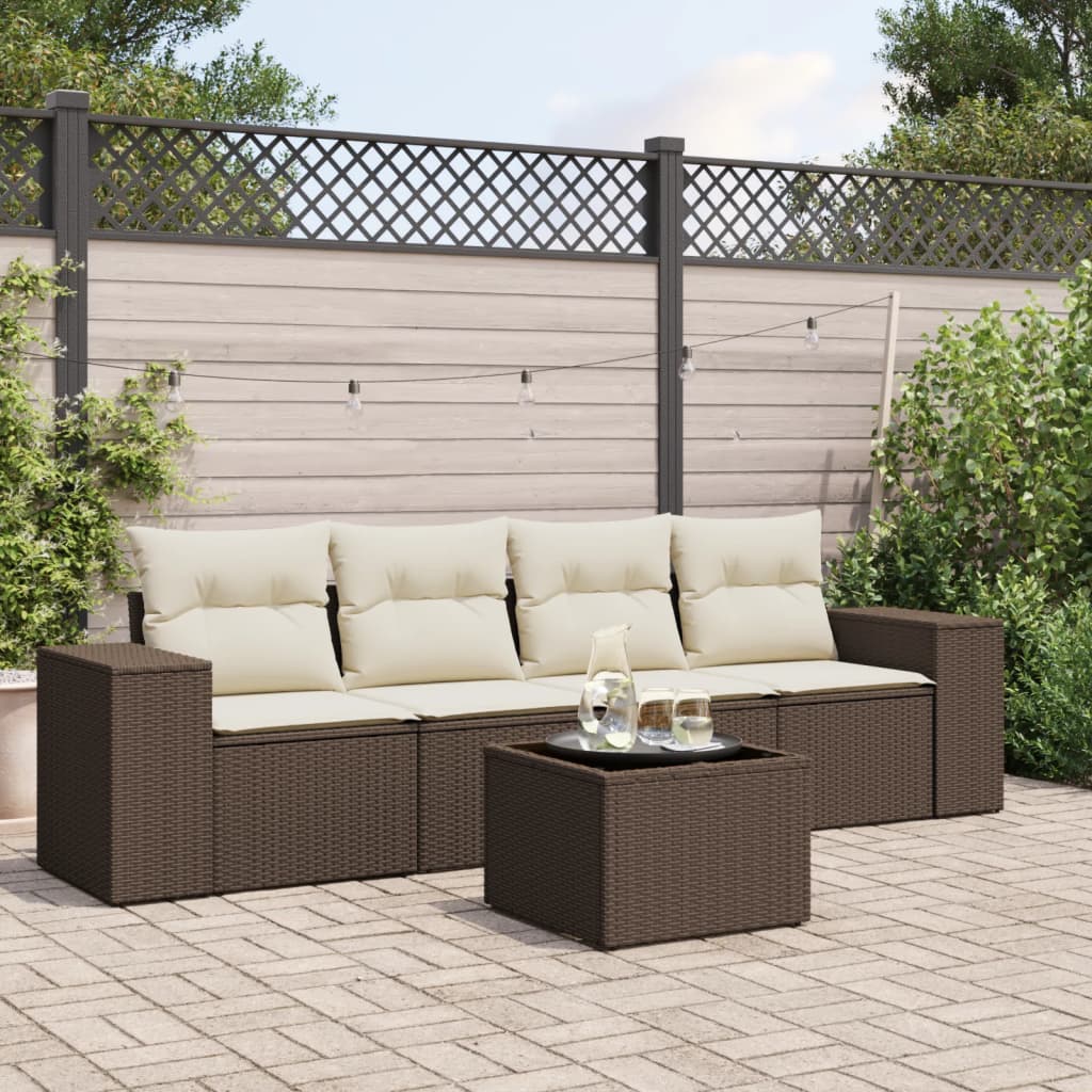 5-tlg. Garten-Sofagarnitur mit Kissen Braun Poly Rattan