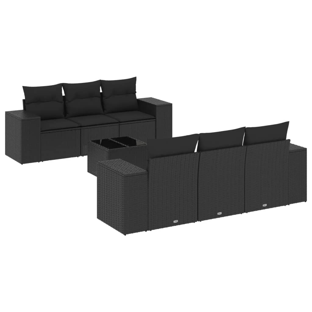 7-tlg. Garten-Sofagarnitur mit Kissen Schwarz Poly Rattan