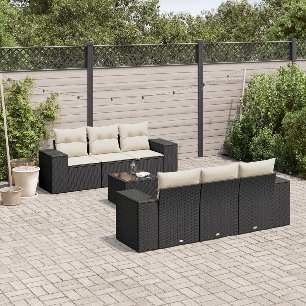 7-tlg. Garten-Sofagarnitur mit Kissen Schwarz Poly Rattan