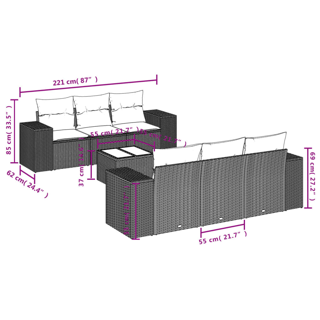 7-tlg. Garten-Sofagarnitur mit Kissen Grau Poly Rattan