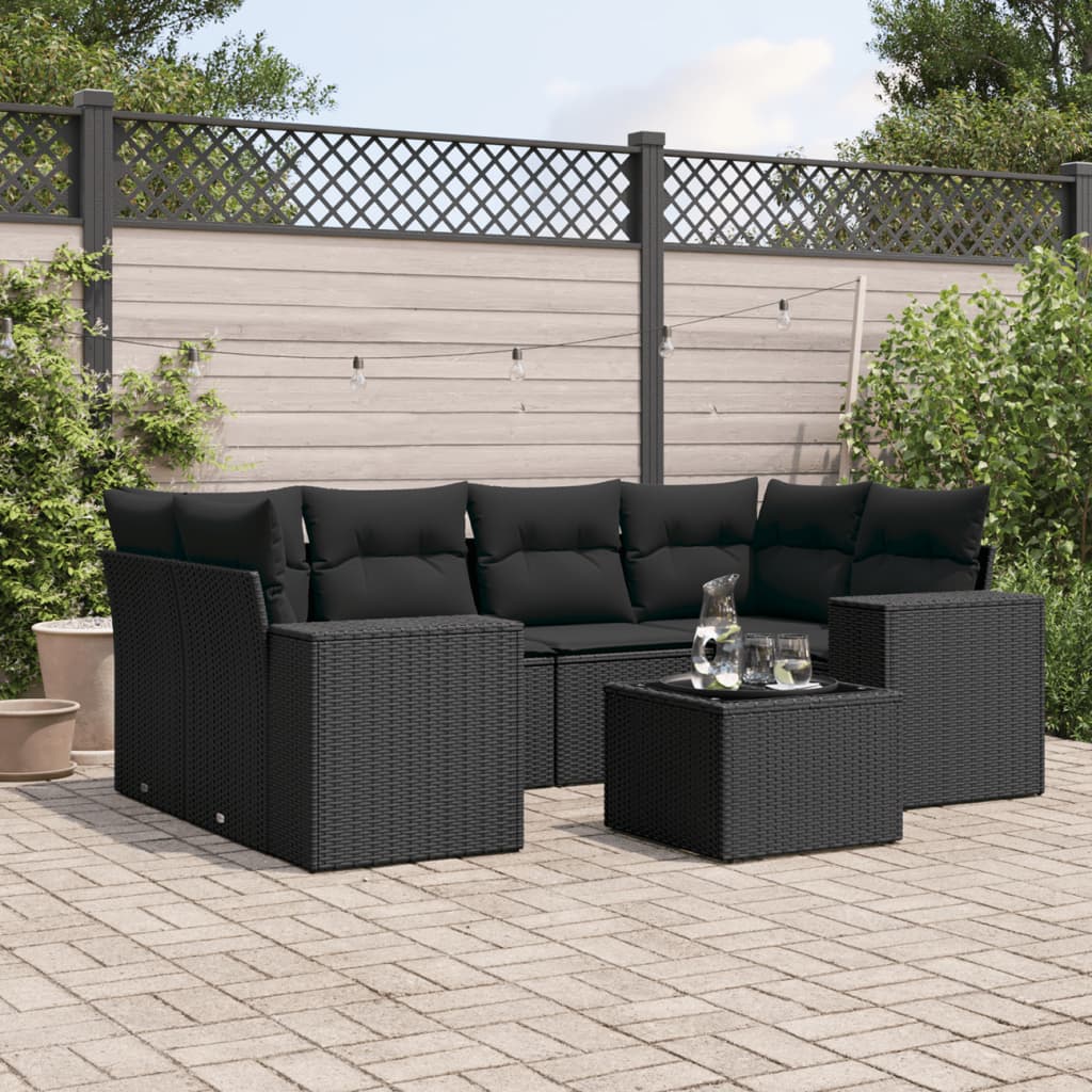 7-tlg. Garten-Sofagarnitur mit Kissen Schwarz Poly Rattan