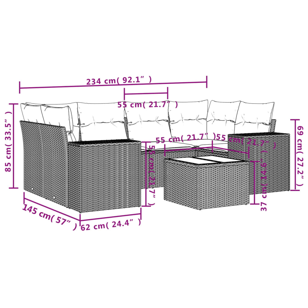 7-tlg. Garten-Sofagarnitur mit Kissen Hellgrau Poly Rattan