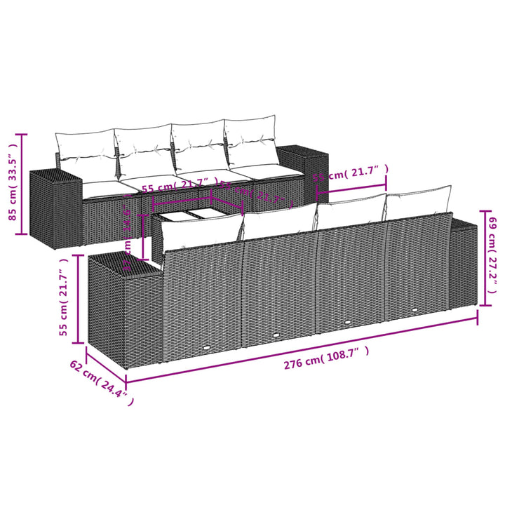 9-tlg. Garten-Sofagarnitur mit Kissen Braun Poly Rattan