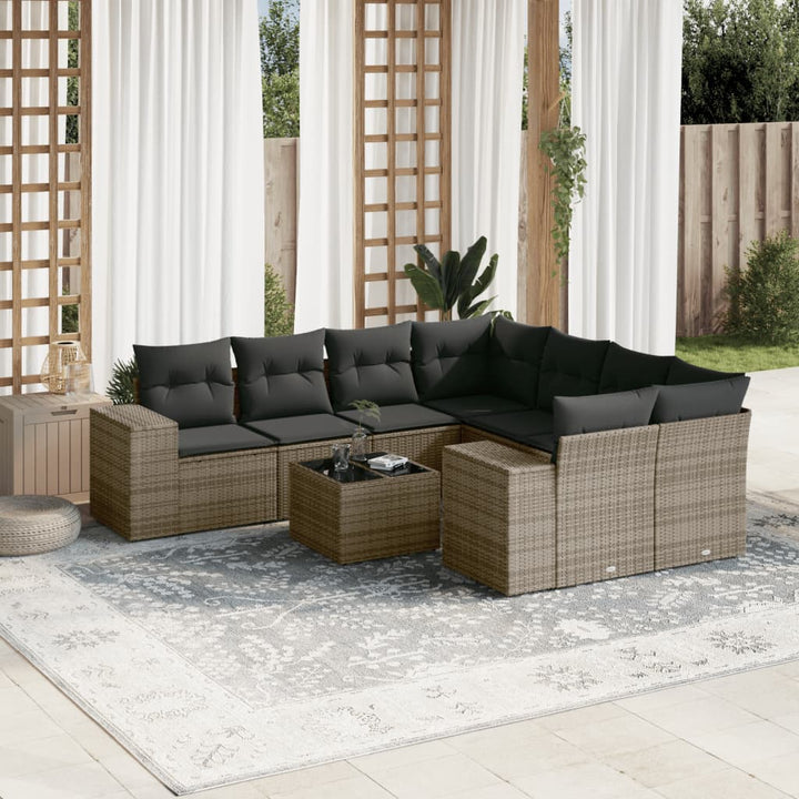 9-tlg. Garten-Sofagarnitur mit Kissen Grau Poly Rattan