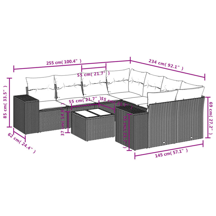 9-tlg. Garten-Sofagarnitur mit Kissen Braun Poly Rattan