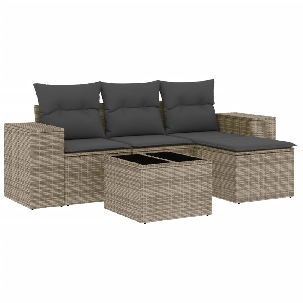 5-tlg. Garten-Sofagarnitur mit Kissen Grau Poly Rattan