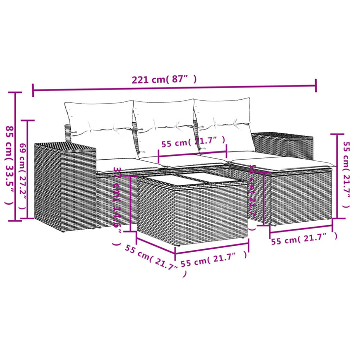 5-tlg. Garten-Sofagarnitur mit Kissen Grau Poly Rattan