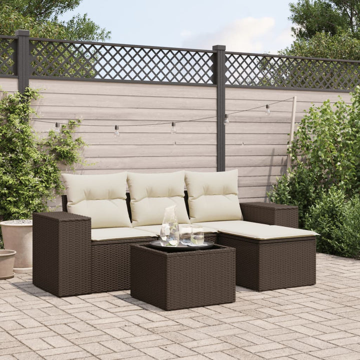 5-tlg. Garten-Sofagarnitur mit Kissen Braun Poly Rattan