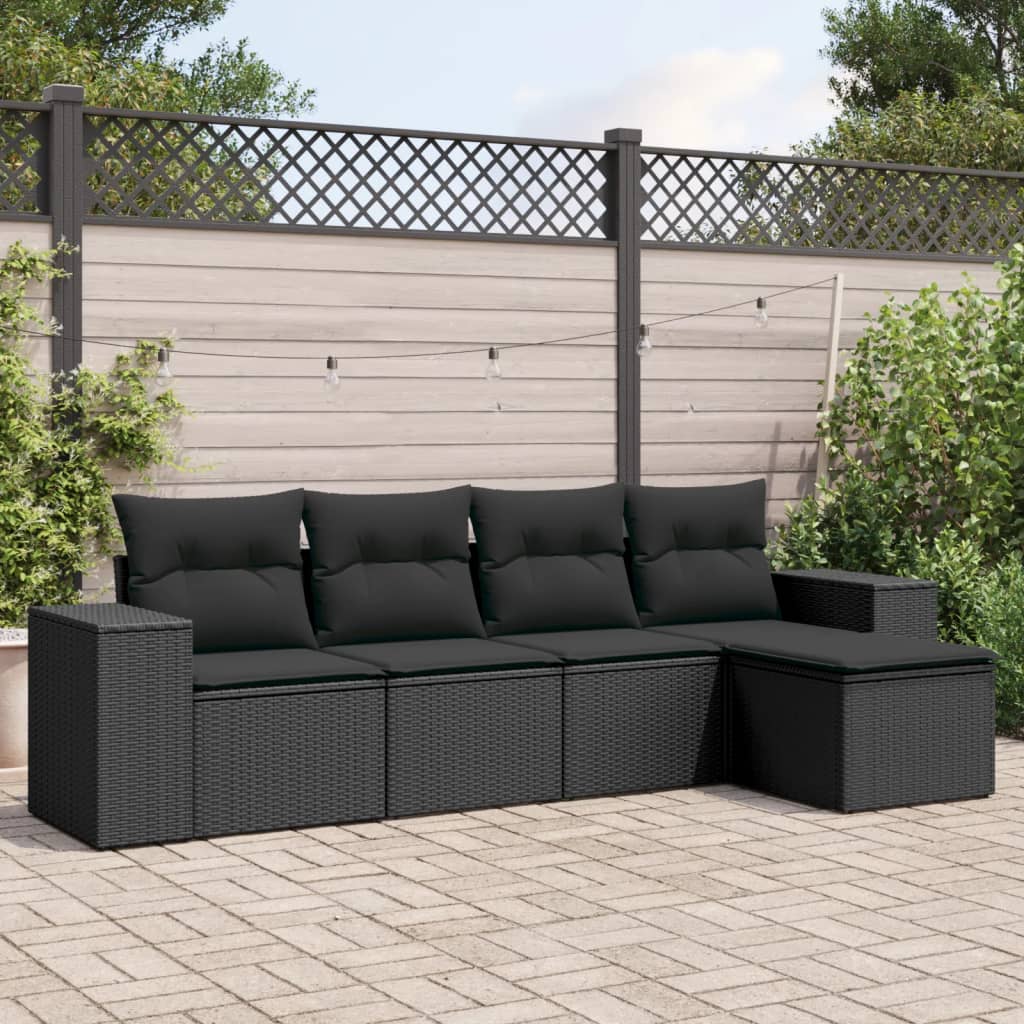 5-tlg. Garten-Sofagarnitur mit Kissen Schwarz Poly Rattan