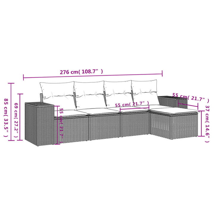 5-tlg. Garten-Sofagarnitur mit Kissen Braun Poly Rattan