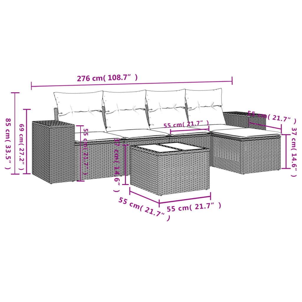 6-tlg. Garten-Sofagarnitur mit Kissen Hellgrau Poly Rattan