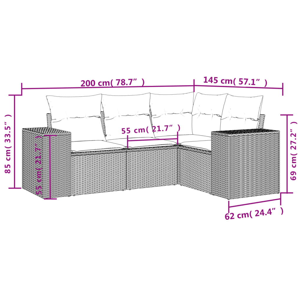 4-tlg. Garten-Sofagarnitur mit Kissen Hellgrau Poly Rattan