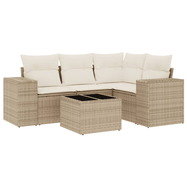 5-tlg. Garten-Sofagarnitur mit Kissen Beige Poly Rattan