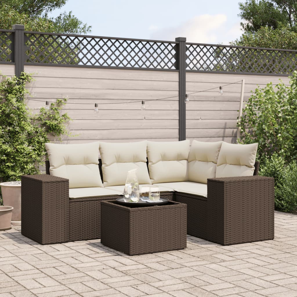 5-tlg. Garten-Sofagarnitur mit Kissen Braun Poly Rattan