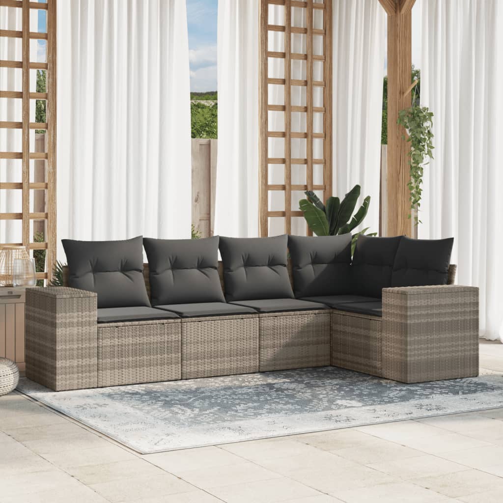 5-tlg. Garten-Sofagarnitur mit Kissen Hellgrau Poly Rattan