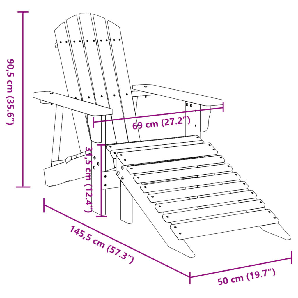 Silla Adirondack con reposapiés de madera maciza de abeto amarillo