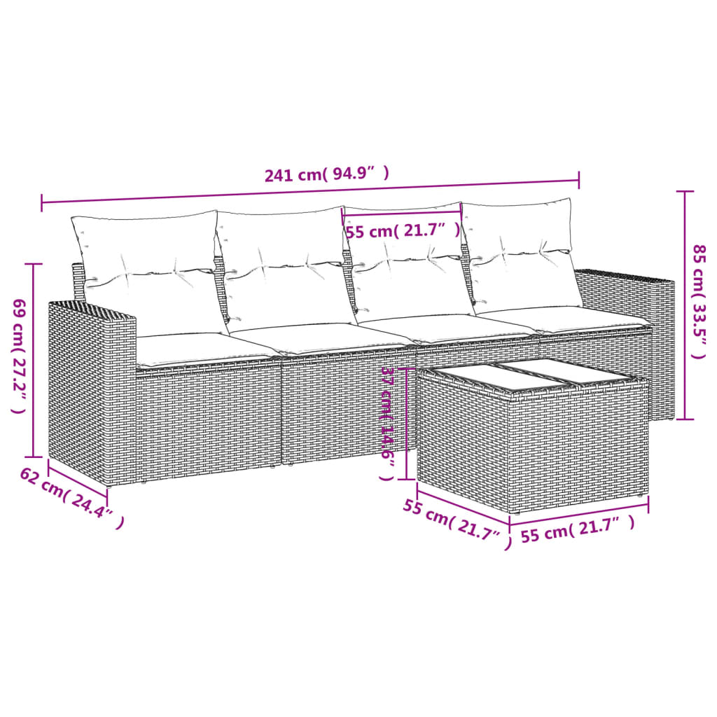 5-tlg. Garten-Sofagarnitur mit Kissen Grau Poly Rattan