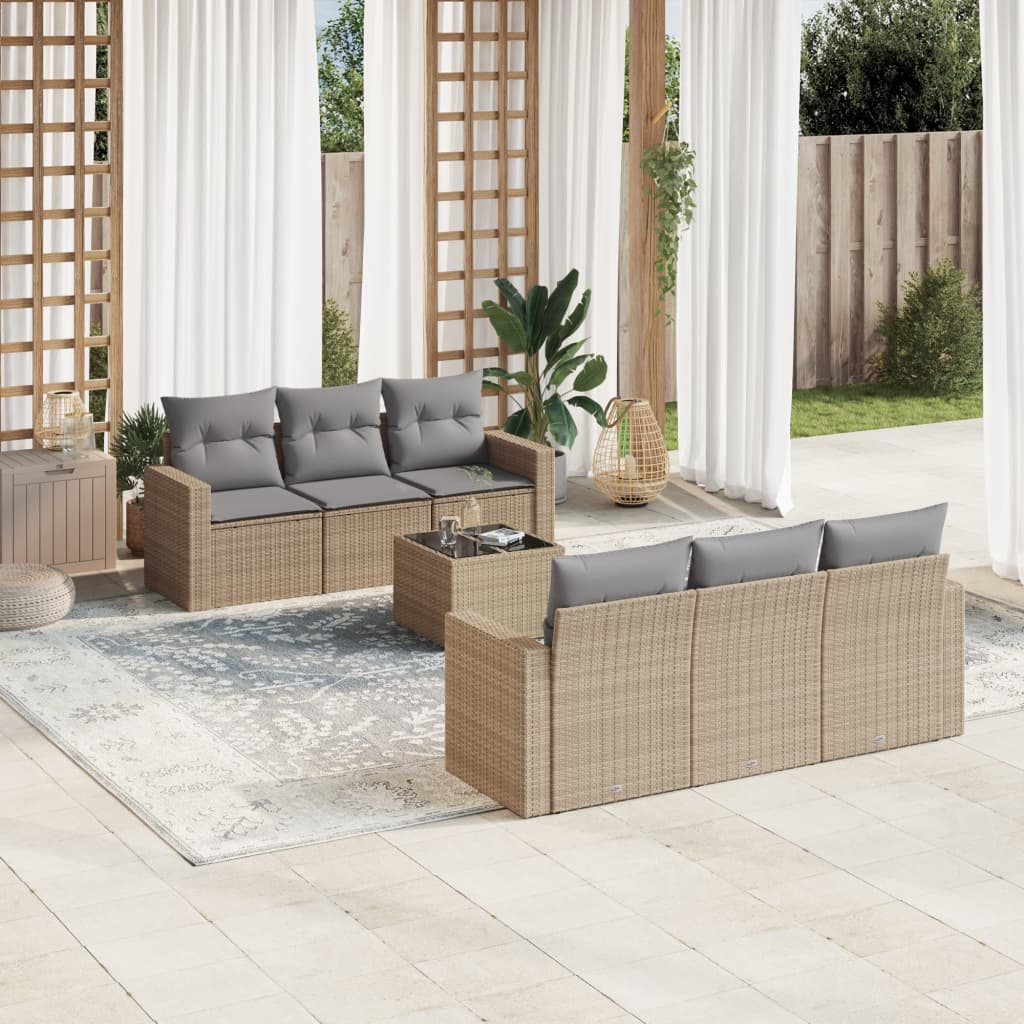 7-tlg. Garten-Sofagarnitur mit Kissen Beige Poly Rattan