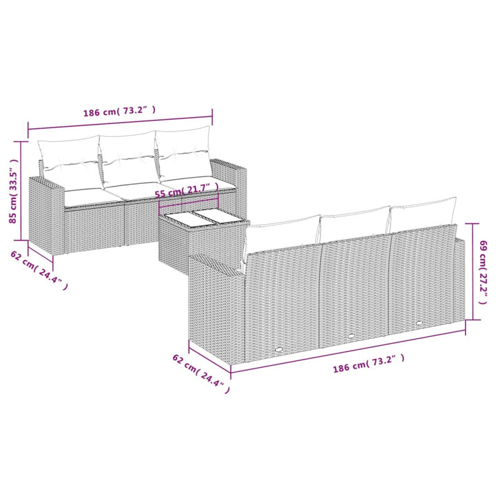 7-tlg. Garten-Sofagarnitur mit Kissen Hellgrau Poly Rattan