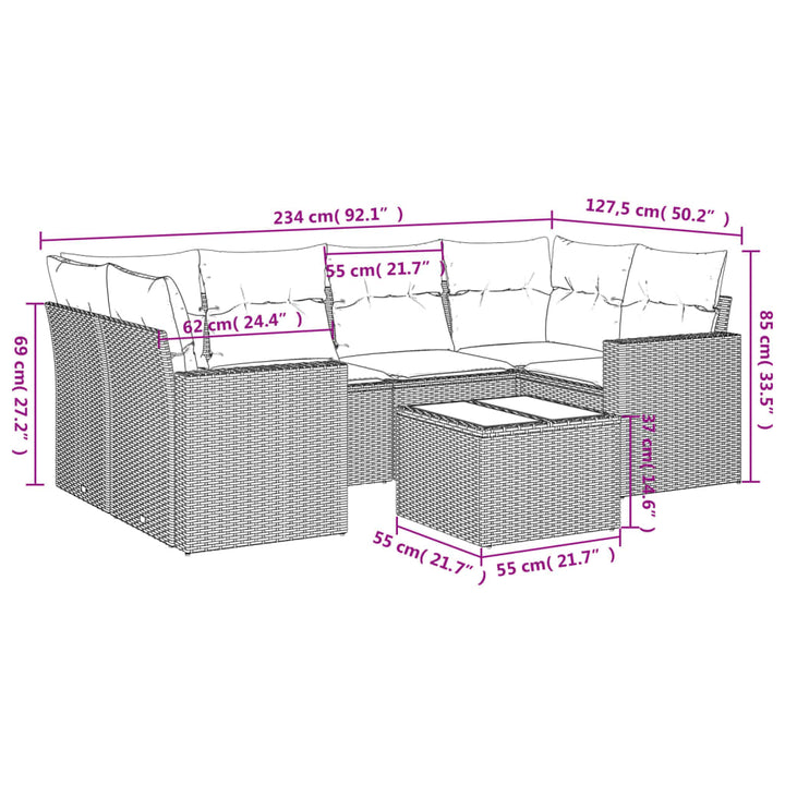 7-tlg. Garten-Sofagarnitur mit Kissen Braun Poly Rattan