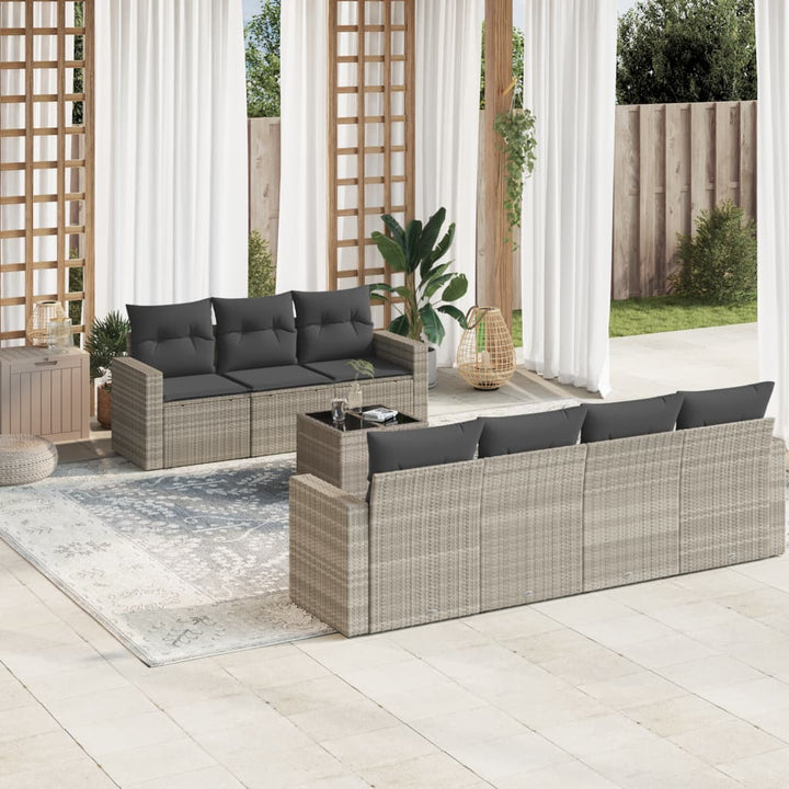 8-tlg. Garten-Sofagarnitur mit Kissen Hellgrau Poly Rattan