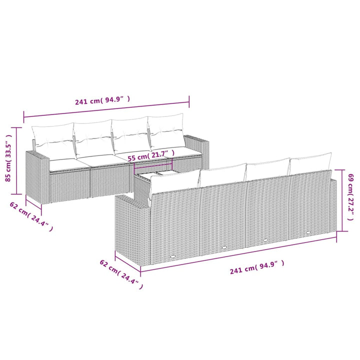 9-tlg. Garten-Sofagarnitur mit Kissen Schwarz Poly Rattan