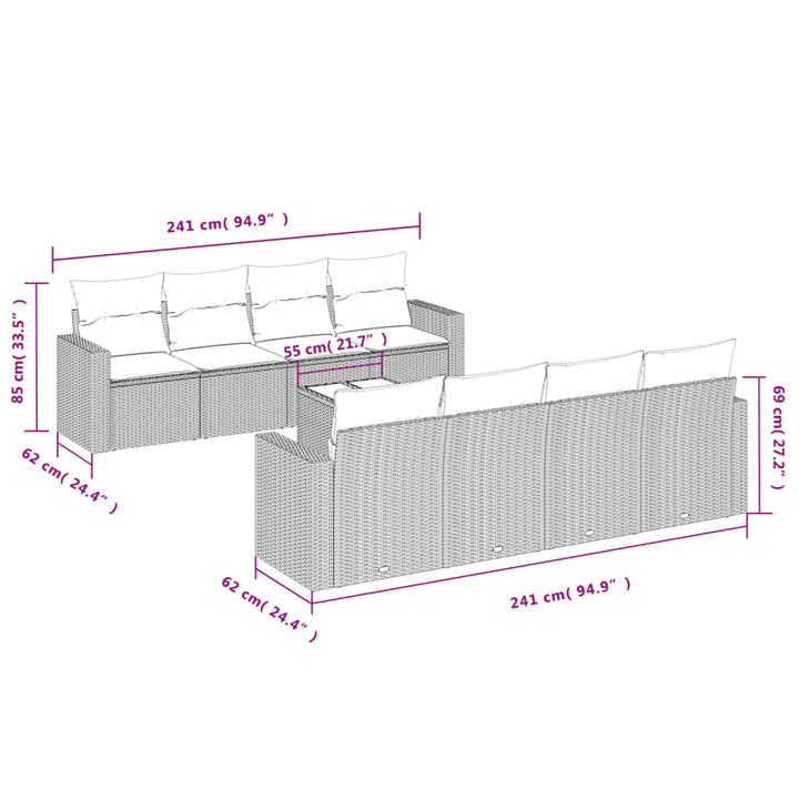 9-tlg. Garten-Sofagarnitur mit Kissen Schwarz Poly Rattan