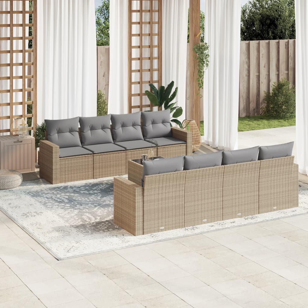 9-tlg. Garten-Sofagarnitur mit Kissen Beige Poly Rattan