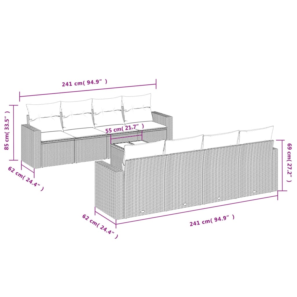 9-tlg. Garten-Sofagarnitur mit Kissen Braun Poly Rattan