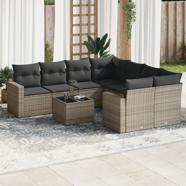 9-tlg. Garten-Sofagarnitur mit Kissen Grau Poly Rattan