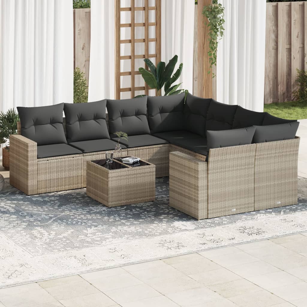 9-tlg. Garten-Sofagarnitur mit Kissen Hellgrau Poly Rattan