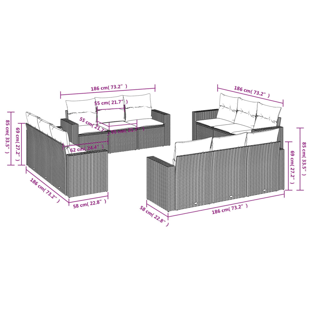 12-tlg. Garten-Sofagarnitur mit Kissen Schwarz Poly Rattan