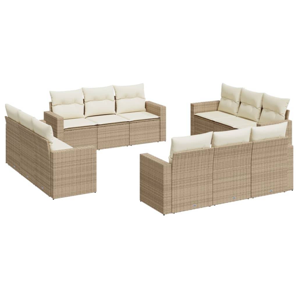 12-tlg. Garten-Sofagarnitur mit Kissen Beige Poly Rattan