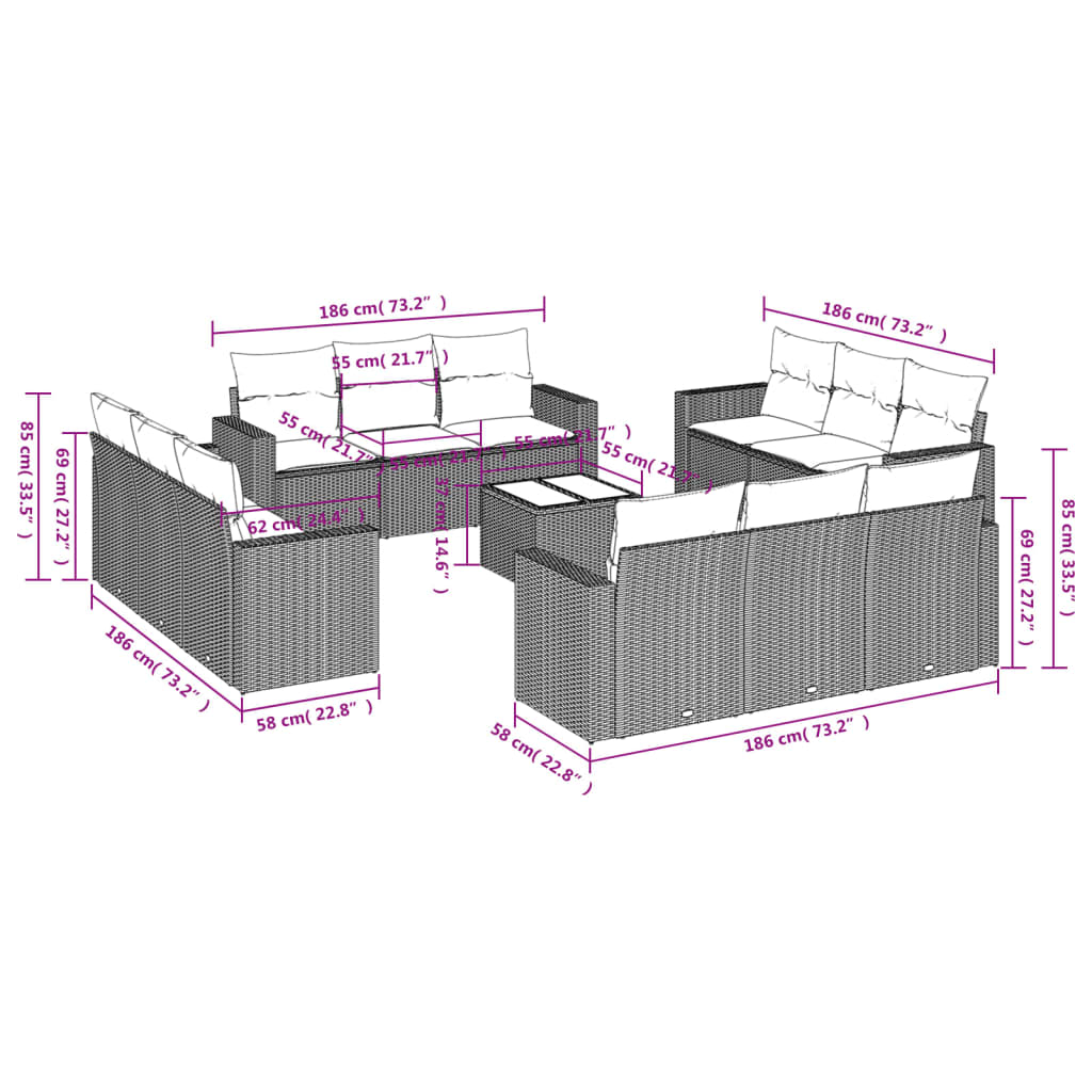 13-tlg. Garten-Sofagarnitur mit Kissen Hellgrau Poly Rattan