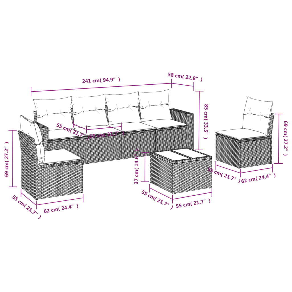 7-tlg. Garten-Sofagarnitur mit Kissen Hellgrau Poly Rattan