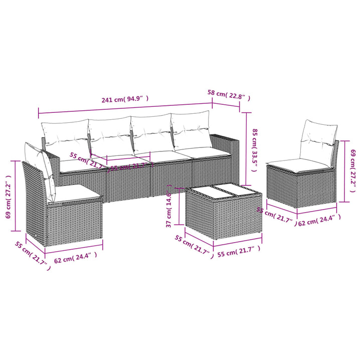 7-tlg. Garten-Sofagarnitur mit Kissen Braun Poly Rattan