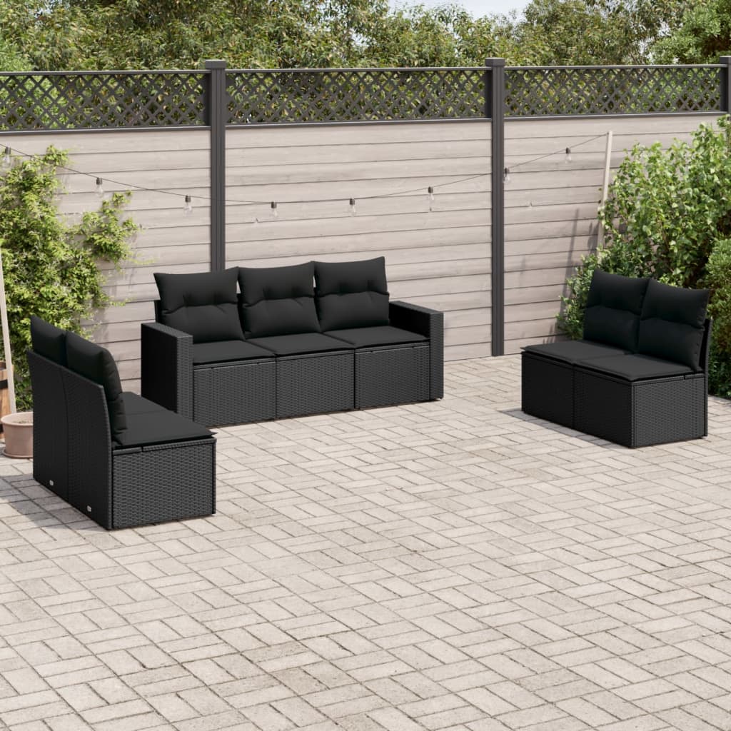 7-tlg. Garten-Sofagarnitur mit Kissen Schwarz Poly Rattan