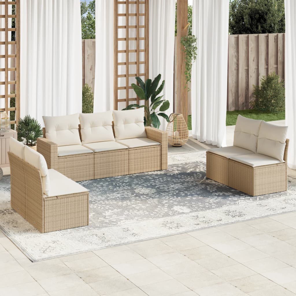 7-tlg. Garten-Sofagarnitur mit Kissen Beige Poly Rattan