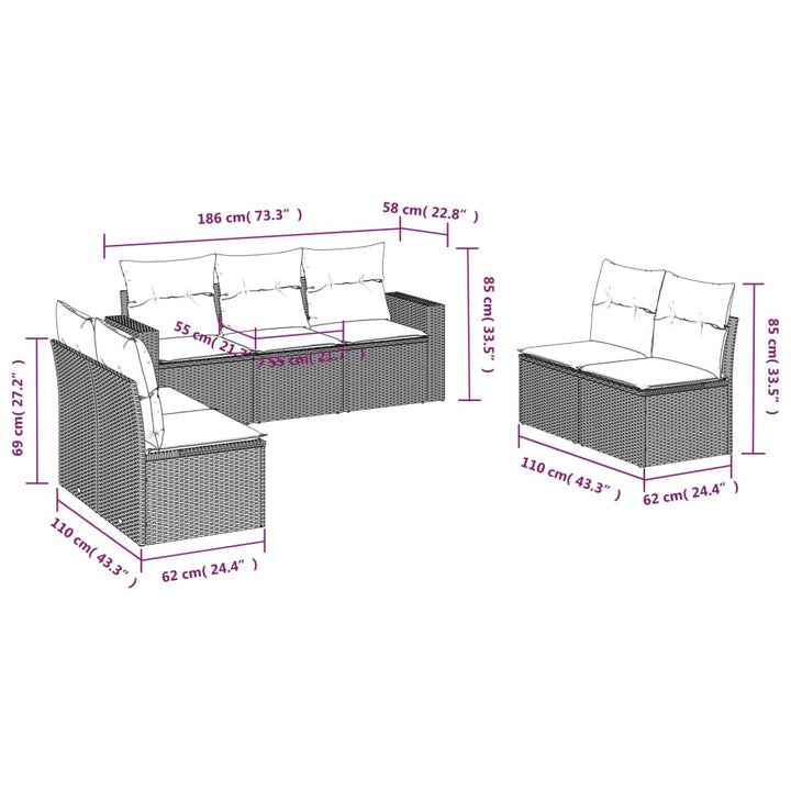 7-tlg. Garten-Sofagarnitur mit Kissen Grau Poly Rattan